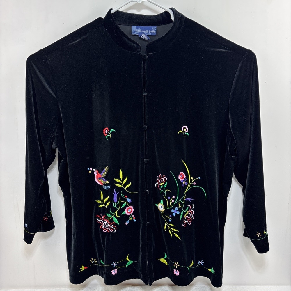 SUSAN GRAVER Black Velvet Embroidered Jacket Birds Flowers Button Up Size 3X‎